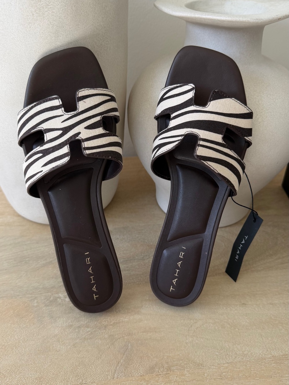 Tahari Black and White Zebra-Print Slide Sandals
